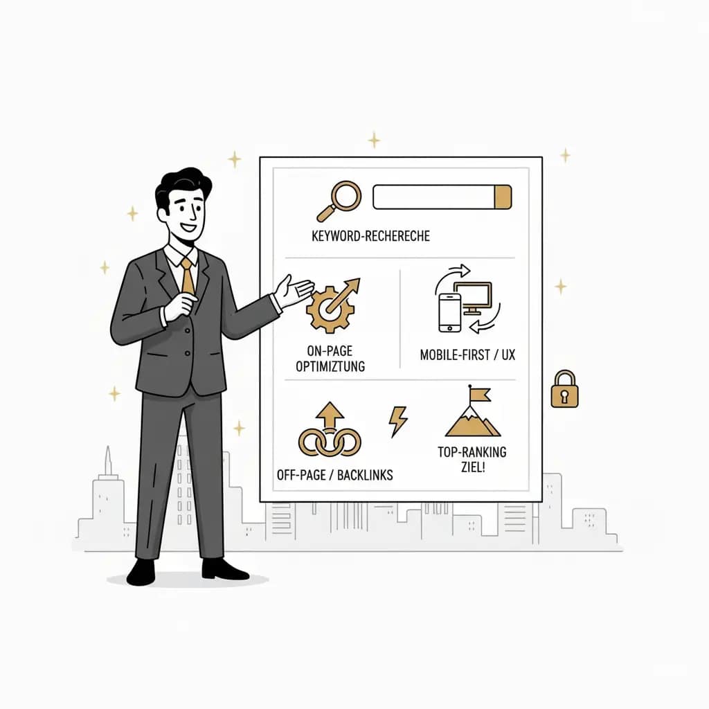 Mann erklärt SEO für Anfänger mit Infografik zu Keyword-Recherche, On-Page-Optimierung, Off-Page-SEO und Mobile-First