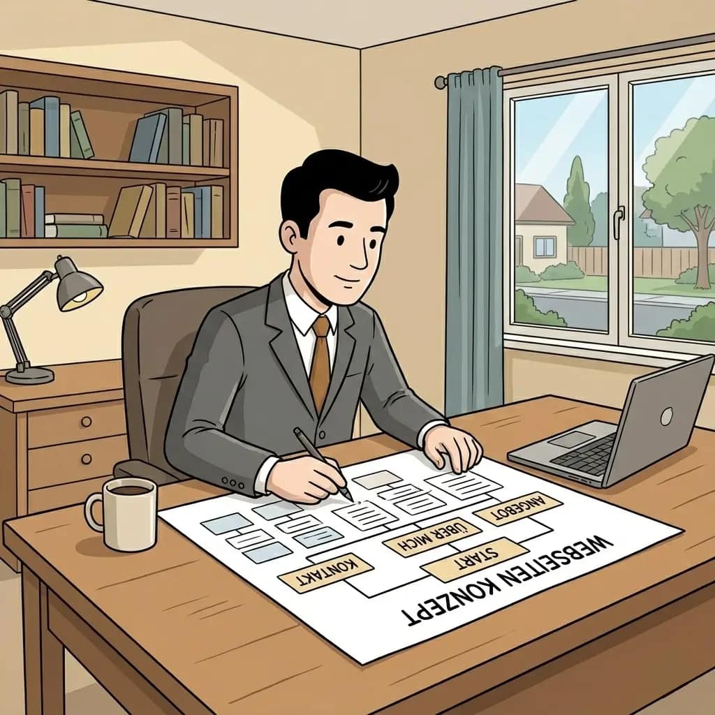 Cartoon-Zeichnung: Ein Mann sitzt im Homeoffice am Schreibtisch und zeichnet auf einem großen Blatt Papier den Strukturplan, um sein Webseiten Konzept zu erstellen. Zu sehen sind Kästchen für Startseite, Angebot, Über mich und Kontakt