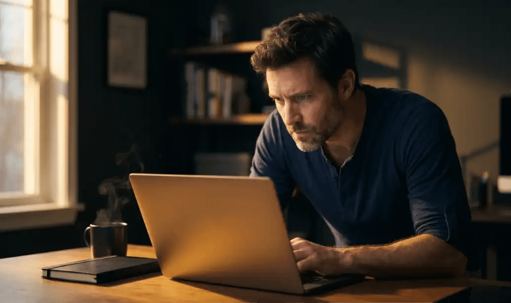 Tim arbeitet konzentriert am Laptop – E-Mail Marketing für Einsteiger aufbauen · onlineerfolg365.de