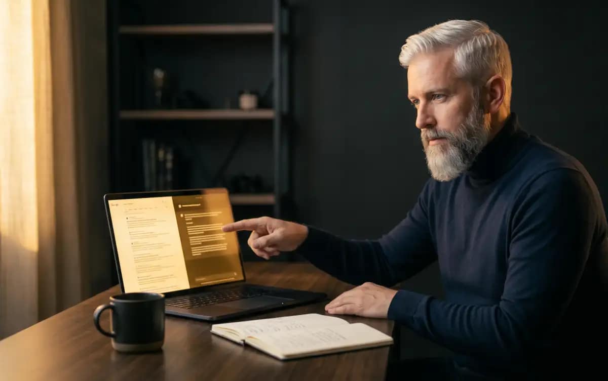 Thomas analysiert den Unterschied zwischen GEO und SEO am Laptop – KI-Suche vs. klassisches Google-Ranking · onlineerfolg365.de Bildtitel: