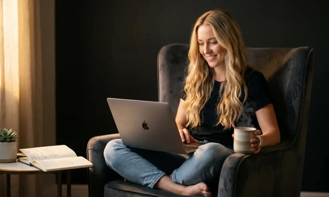 Sarah arbeitet abends entspannt vom Sofa aus an ihrem ersten Online-Business · onlineerfolg365.de