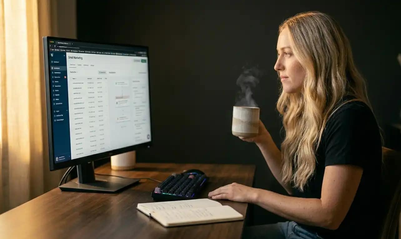 Sarah baut seine E-Mail-Liste auf – abends am Laptop mit wachsendem Newsletter-Dashboard · onlineerfolg365.de