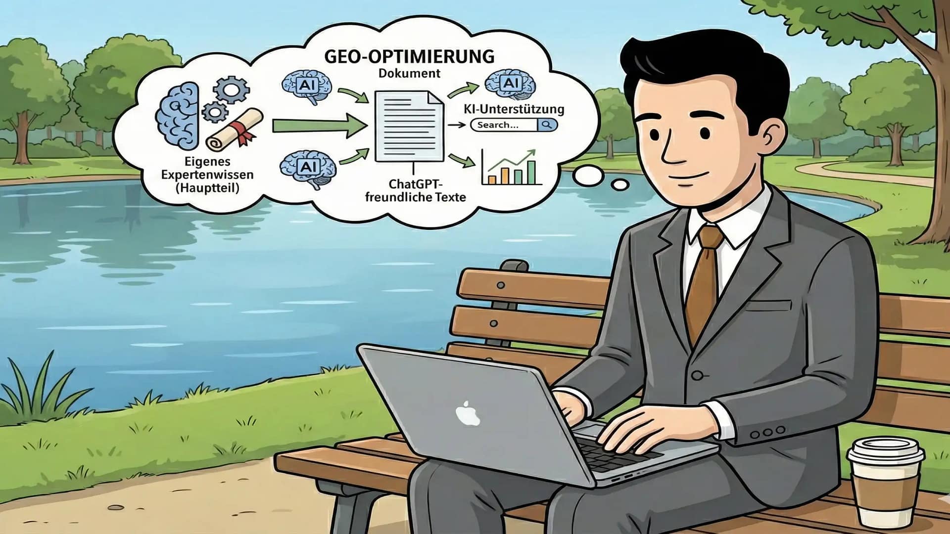 Mann im Anzug sitzt im Park am Laptop und plant eine Strategie zur GEO-Optimierung für KI-Assistenten und ChatGPT.